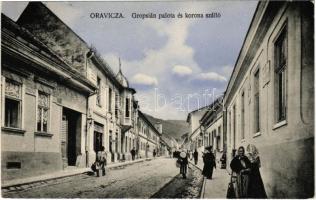 1912 Oravicabánya, Oravica, Oravicza, Oravita; Gropsián palota és Korona szálloda. Weisz Félix kiadása / street view, palace, hotel (EK)