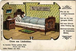 Lipová-lázne, Lindewiese; Gruss aus... Dursten und schwitzen das muss nützen. Anton Wiesner / spa treatment. Art Nouveau, litho (worn corners)