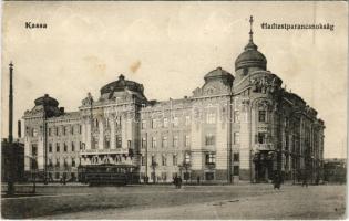 1915 Kassa, Kosice; Hadtestparancsnokság, villamos. Özv. Bodnár Ferencné kiadása / K.u.k. military headquarters, tram