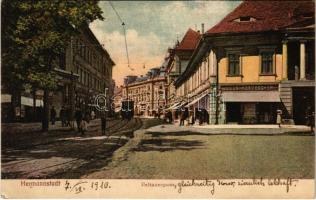 1910 Nagyszeben, Hermannstadt, Sibiu; Heltauergasse / Disznódi utca, villamos, Julius Wermescher üzlete. G. A. Seraphin kiadása / street view, tram, shop (ázott / wet damage)