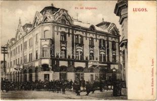 1907 Lugos, Lugoj; Református bérpalota télen, Recht és Schwarz üzlete. Nemes Kálmán kiadása / tenement palace in winter, shops (fl)