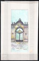 Stefan Grecu (?-?): Keszthelyi Festetics-kastély bejárati kapuja. Akvarell, tus, papír, jelzett, paszpartuban, 23x9 cm