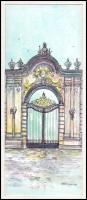 Stefan Grecu (?-?): Keszthelyi Festetics-kastély bejárati kapuja. Akvarell, tus, papír, jelzett, pas...