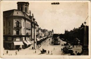 1931 Arad, utca, autók, Szécsi & Comp., Dacia Romania üzlete, söröző / street, automobiles, shops, beer kiosk. photo (fa)