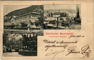 1901 Báziás, vasútállomás, kikötő, MFTR gőzhajó utasokkal / railway station, port, steamship with passengers (EK)