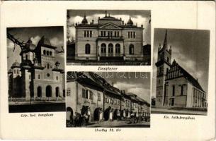 Beszterce, Bistritz, Bistrita; Görögkeleti és evangélikus lutherán templom, Horthy Miklós tér, Iparosegylet / churches, square, House of Craftsmen Association (EK)