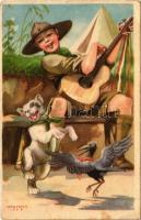 A cserkész vidám és meggondolt. Cserkész levelezőlapok kiadóhivatal / Hungarian scout boy art postcard s: Márton L. (EK)