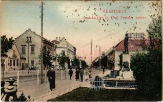 1912 Keszthely, Andrássy tér és Gróf Festetics szobor, üzletek. Nádai kiadása (fl)