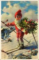 Bonne Année! / Újévi üdvözlet, síelő kisfiú, téli sport / New Year greeting, skiing boy, winter sport