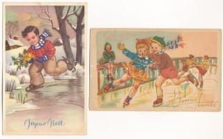 2 db RÉGI téli sport képeslap: korcsolyázó gyerekek / 2 pre-1950 winter sport postcards: ice skating children
