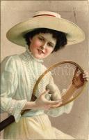 1913 Hölgy teniszütővel / Lady with tennis racket, sport. litho (Rb)