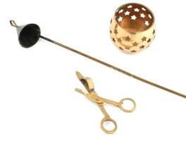 2 db réz gyertyakoppintó + réz mécsestartó d: 8 cm