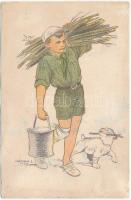 A cserkész híven teljesíti kötelességeit... Kiadja a Magyar Cserkészszövetség Nagytábortanácsa 1926. / Hungarian boy scout art postcard s: Márton L. + So. Spl (EK)