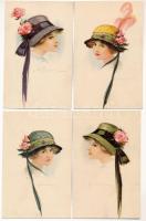 4 db RÉGI kalapos hölgy képeslap (Paul Heckscher No. 1039.) J. Barrick szignóval