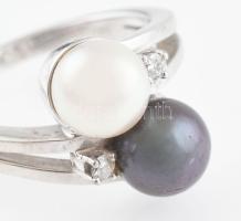 Arany (Au/14k) fehérarany gyűrű 2db kis brillel és tahiti gyönggyel ékítve, jelzett, m: 56, bruttó: ...