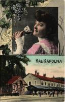 Kál-Kápolna, vasútállomás. Szőlőfürtös szecessziós montázs borozó hölggyel