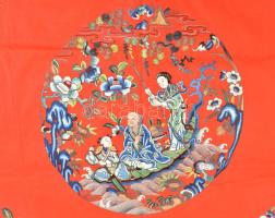 Kínai hímzett selyem falikép, jelzés nélkül, XX. sz. / Chinese embroidered silk picture, 20th centur...