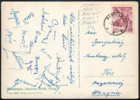 1958. május, futballisták aláírása varsói stadionból hazaküldött képeslapon