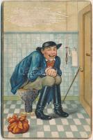 Ücsörgés a klotyón - Kétoldalas humoros mechanikus lap mákszemekkel a vécé csészében / Sitting on th...