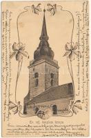Nagykőrös, Református templom tornya. Geszner Jenő kiadása. Art Nouveau, floral (EB)