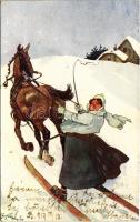 1919 Lovas síelés, téli sport / Horse skiing, winter sport. B.K.W.I. 371-1. S: Fritz Schönpflug (EK)