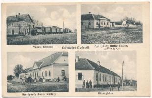 1913 Gyér, Giera; vasútállomás, gőzmozdony, vonat, Gyertyánfy (Gyertyánffy) kastélyok, Községháza. A. Weiser Photographisches Atelier / railway station, locomotive, train, castles, town hall (EK)