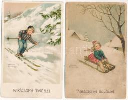 2 db régi téli sport képeslap: síelés és szánkózás / 2 pre-1945 winter sport postcards: skiing and sledging (Hannes Petersen)