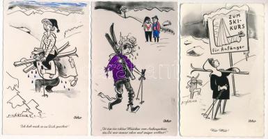 3 db modern humoros téli sport képeslap: síelők / 3 modern winter sport postcards, skiing