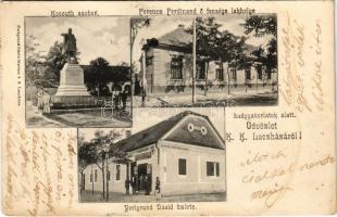 1907 Kiskunlacháza, Kossuth szobor, Ferenc Ferdinand ő felsége lakhelye a hadgyakorlatok alatt, Perlgrund Dávid üzlete és saját kiadása (Rb)