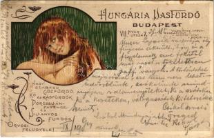 1904 Budapest VII. Hungária Vasfürdő. Nyár utca 7. Bruchsteiner Ármin és Richárd szecessziós reklámlapja / Hungarian iron spas Art Nouveau litho advertisement (EK)