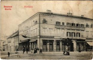 1911 Beszterce, Bistritz, Bistrita; Fő tér, Beszterce Vidéki Takarékpénztár, Kollmann és Keresztes, Otto Adam, Glokner és Gajzágó üzlete / main square, savings bank, shops (EB)