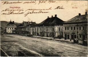 1916 Nagybánya, Baia Mare; Fő tér, Steinfeld Béla, Hunteszhagen Ödön, Máday Pál, Boda Gyula és Troplo­vits Márton üzlete. Frankovits A. kiadása / main square, shops (EK)