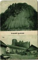 1915 Sátorosbánya, Siatorská Bukovinka; Somoskői vár, Bazaltesés. Kiadja Friedler Samu / Hrad Somoska / castle ruins, basalt waterfall (EM)