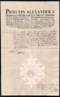 1822 Rudnay Sándor esztergomi érsek autográf aláírással ellátott okmánya érseki viaszpecséttel. Hanlik György érseki titkár aláírásaival