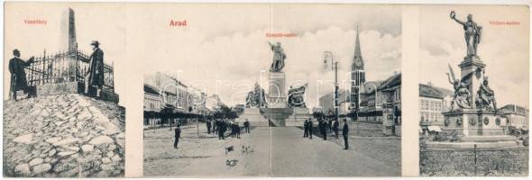 1909 Arad, Vesztőhely, Kossuth szobor és utca, Vértanú szobor. 2-részes kinyitható panorámalap / statues, square. 2-tiled folding panoramacard