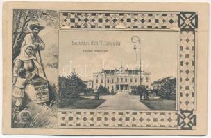 Turnu Severin, Szörényvár; Palatul Municipal / town hall, folklore montage. Leporellocard with 10mini pictures (fa)