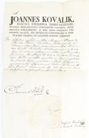 1815 Kovalik János (1770-1821) tribunici választott püspök autográf aláírással ellátott fejléces okmánya viaszpecséttel.