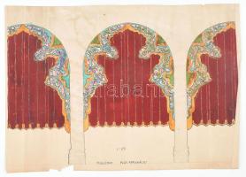 Muhits Sándor (1882-1956): Függöny terve. Akvarell, tus, papír, jelzés nélkül. Sérült, foltos. 39×54 cm.