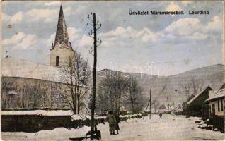 Leordina (Máramaros), utca télen, templom. Berger Miksa utóda kiadása / winter, street, church (ázott / wet damage)