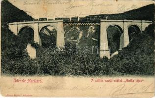 1902 Marilla, Marillavölgy, Marila; A zsittini vasúti műhíd Marilla táján, gőzmozdony, vonat, viadukt. Gross Gyula kiadása / railway bridge, viaduct, locomotive, train (szakadás / tear)