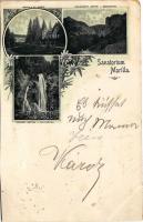 1898 (Vorläufer) Marilla, Marillavölgy, Marila; Sanatorium Marilla, Marilla en Profil / Szanatórium, Minnis-hegyszoros, Zsittin-vízesés / sanatorium, mountain pass, waterfall, spa. Art Nouveau, floral (vágott / cut)