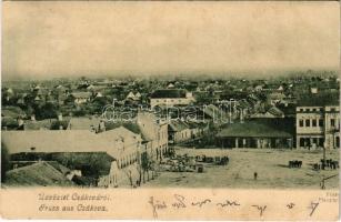 1904 Csák, Csákova, Ciacova; Fő tér, piac, Mesterovits és Joanovits, Csarnitsch üzlete, szálloda / main square, shops, hotel, market (fl)