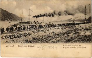 Orsova, Vaskapu-szoros megnyitó hajózása. Hutterer G. kiadása / Canal beim Eisernen Tor, Eröffnungsfahrt / Portile de Fier / gorge, canal opening ceremony, steamship (EK)