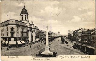 1904 Arad, Andrássy tér, Szentháromság szobor, városi vasút, vonat, üzletek / square, Holy Trinity statue, urban railway, train, shops (fl)