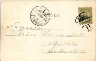 1904 Arad, Andrássy tér, Szentháromság szobor, városi vasút, vonat, üzletek / square, Holy Trinity s...