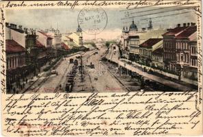 1901 Arad, Andrássy tér, üzletek, lóvasút. Kerpel Izsó kiadása / square, shops, horse-drawn railway (EK)