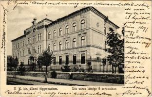 1905 Dés, Dej; M. kir. állami főgimnázium. Dés város látképe 9 sorozatban II. Teleky és Pintye kiadása / grammar school + "NAGY-KÁROLY - KOLOZSVÁR 74. SZ." vasúti mozgóposta bélyegző (EB)