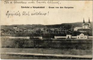 1915 Kárpátalja, Üdvözlet a Kárpátokból! vasútállomás. Balázs Soma kiadása / Gruss von den Karpaten / Zakarpattia Oblast / Transcarpathian railway station (EK)