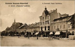 Szatmárnémeti, Szatmár, Satu Mare; Városi Pannonia szálloda, Szatmári Bank székháza, Kellner, Huszár Aladár üzlete. Weisz Zoltán kiadása / hotel, bank palace, shops