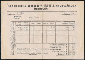 1927 Debrecen, Arany Bika szálloda számla